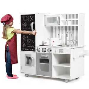 COSTWAY Cuisine Enfant en Bois 3 Ans+ Effets Sonore et Lumière avec 7 Accessoires avec Tableau Noir