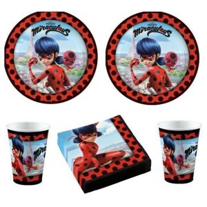 Kit (cde 5 ) Anniversaire - Miraculous - Coccinelle - 16 Enfants - 16 Assiettes - 16 Gobelets - 16 serviettes