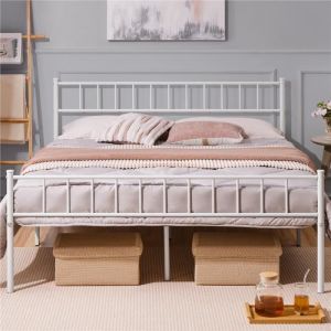 Cadre de Lit 160×200 cm Métallique Moderne avec Sommier Lit Double pour 2 personnes à Lattes Surface de Couchage Blanc YAHEETECH