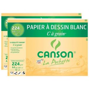 Papier Dessin - CANSON - C à Grain - Lot de 2 Pochettes - 12 Feuilles A4 - 224g Blanc
