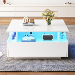 Table basse Carr&eacute;e avec LED2 Tiroirs et Compartiments RangementMeuble salonTable dappoint Moderne 70x70x41cmBlanc brillant