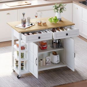 Buffet bas 120x40(65)x89 cm avec plan de travail rabattable Buffet de cuisine avec 2 tiroirs et roulettes Buffet salon en blanc