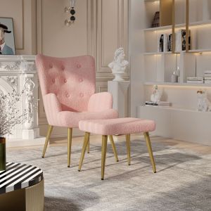 Fauteuil Tissu Rose Fauteuil Rembourré avec repose-pied et pieds en Metal Style Scandinave Pour SalonChambreSalle à manger