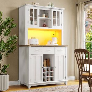 Buffet Cuisine avec Rangement et LED Buffet Haut Blanc et Bois Bahut avec Étagères Réglables pour Salle a Manger Cuisine et