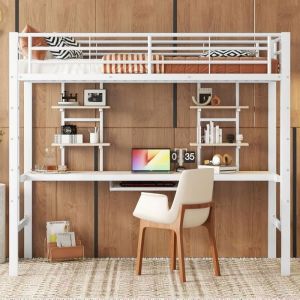 Lit mezzanine - LEYTN - 90x200cm - Métal - Bureau et étagères - Balustrade de sécurité