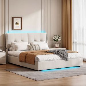 Lit Coffre 140x200 avec LedLit Rembourré Led Hydraulique Lit Capitonné avec Coffre Lit Double Lit 2 PersonnesVeloursBeige