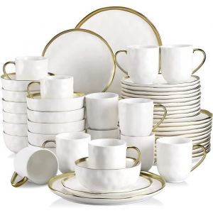 LOVECASA S&eacute;rie Sweet GE-DS01 48pcs Service de Table Complet Porcelaine pour 12 Personnes avec Garniture Dor&eacute;e-Blanc
