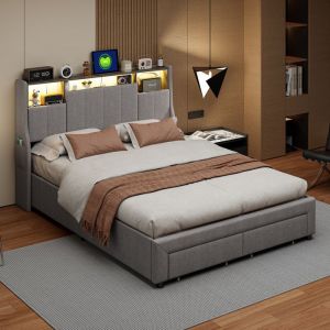 Lit 140 x 200 avec LED et USB lit double capitonné avec tête de lit et sommier rangement tête de lit cadre de lit lin gris