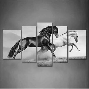 D&eacute;coration Murale - Les Chevaux dart - Noir et Blanc - Toile de haute qualit&eacute; - 5 pi&egrave;ces