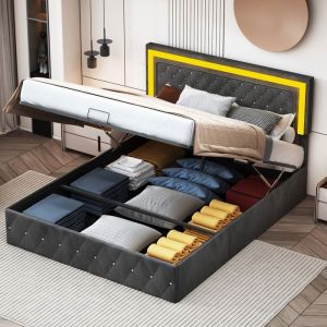 Lit Coffre 180x200 cm avec Tete de Lit R&eacute;glable Lit 2 Personnes 180 x 200 Lit Rembourr&eacute; avec Base &agrave; Lattes et &eacute;clairage LED Noir