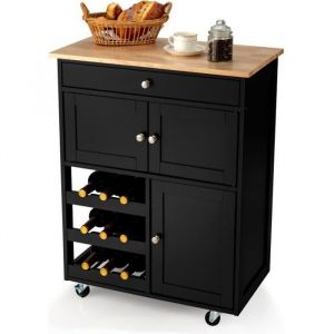 COSTWAY Desserte Cuisine à Roulettes avec Plateau en Bois dHévéa Chariot de Cuisine à Service avec Tiroir et Porte-Bouteilles Noir.