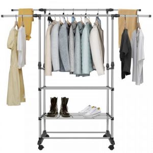 SUPFINE Étagère de séchage avec 2 poteaux en haut longueur réglable de 90 à 144cm Séchoir à linge FIL A LINGE 3 couches