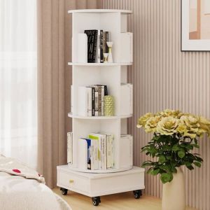 Biblioth&egrave;que rotative - &Eacute;tag&egrave;re &agrave; livres 3 niveaux sur roulettes 1 tiroir coin panneau de particules 40x40x1135 cm blanc
