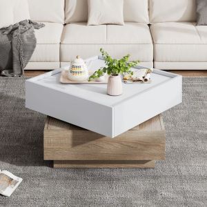 Table Basse Salon Carré avec 2 Tiroirs et Table pivotante à 360°Table dappoint Design Moderne 60x60x38cm Noyer
