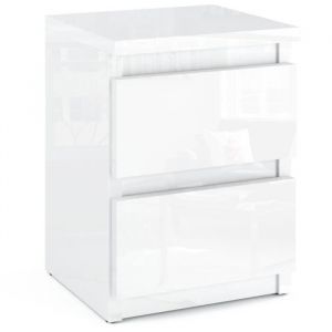 Table de chevet - Blanc Brillant - 30 cm - 2 tiroirs - Meuble de nuit - Style Classique