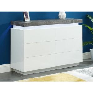 Commode - VENTE-UNIQUE - HALO II - 6 tiroirs - MDF laqué - LEDs - Blanc et béton