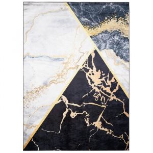 TAPISO Tapis Salon Poil Court TOSCANA Noir Gris Dor&eacute; Marbre Triangle Polyester Int&eacute;rieur 80x150 cm