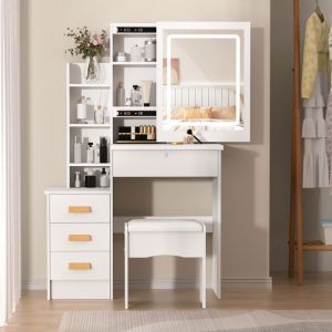 Coiffeuse avec miroir Coulissant - &eacute;clairage - tiroirs - &eacute;tag&egrave;re-  Coiffeuse de chambre Espace de rangement - Blanc- 80&times;36.5&times;130cm