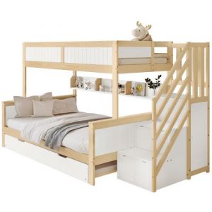 Lit superposé enfant 3 places 90x200 cm et 120x200 cm avec lit gigogne 90x200 cmavec grille armoire escalier blanc+nature