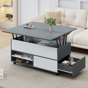 Table Basse Relevable avec Rangements Dissimulés et Étagères Table Basse Salon avec Roulettes et TiroirsGris et Blanc100x98x65cm