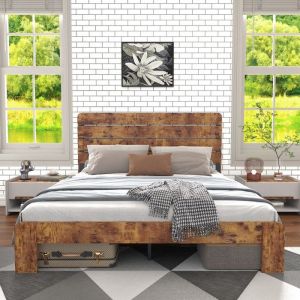 Lit Double 160x200 Bois et Fer Forg&eacute; Marron - Grand T&ecirc;te de Lit et Sommier Lattes M&eacute;tal Inclus Adulte Adolescent - sans Matelas