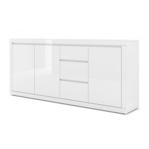 Commode Como Bianco IV Buffet haut avec 3 étagères et 3 tiroirs Blanc laqué brillant