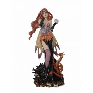 Figurine de f&eacute;e avec ailes basses et un dragon celtique orange d&eacute;coration f&eacute;&eacute;rique.