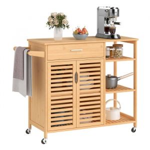 GIANTEX Desserte de cuisine sur roulettes meuble de rangement mobile en bambou avec tiroirs placards et étagères ouvertes