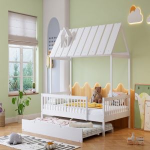 Lit cabane 120x200 cm avec lit gigogne 120x190 cm toit &agrave; chemin&eacute;e r&eacute;glable barri&egrave;res 3 c&ocirc;t&eacute;s blanc