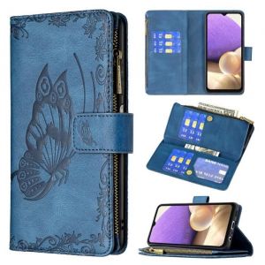 Étui Housse Samsung Galaxy A32 5G Neuf emplacements pour cartes deux poches à monnaie housse de protection à motif papillon 3D Bleu