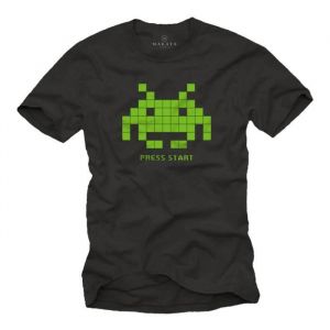 MAKAYA Vintage Gamer Tee - Retro Motif Space Invaders - T-Shirt Geek Homme Noir XL