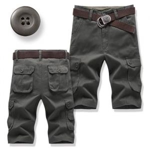 Bermuda Cargo Homme Regular Fit Multi-poches Short Coton Couleur Unie Sans Ceinture - Vert militaire