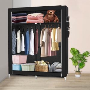 Armoire de chambre en toile noire avec 2 tringles à penderie - OHMG - 108 x 45 x 170 cm