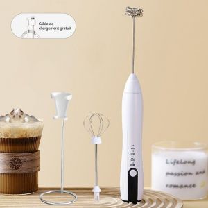Mousseur à Lait Électrique réglable 3 vitesses Amovible avec inoxydable Support et 2 Tête Spirale pour Cafés Crème œufs-Blanc