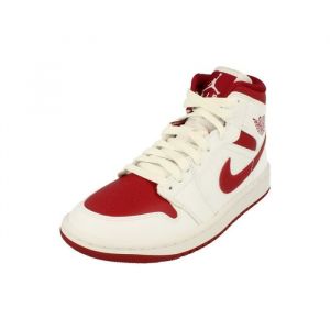 Baskets Nike Femme Air Jordan 1 Mid - Blanc/Rouge - Enfant Garçon - Lacets - Plat - Cuir