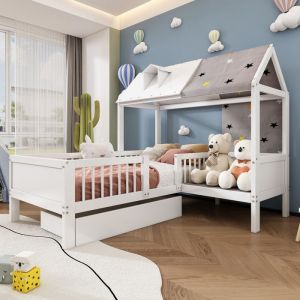 Lit enfant 90X200cm en forme de maison en boislit simple multifonctionnel avec toile de tente tiroirs en basblanc