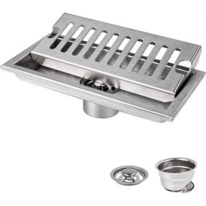Caniveau de Douche WOVTE 20 x 10 cm Siphon de Sol Rectangulaire Argent Siphon de Sol avec Grille en Acier Inoxydable Convient
