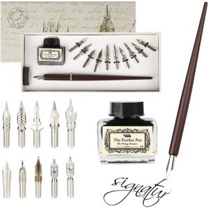Stylo Plume Calligraphie en Bois avec Encrier - 10 Plumes Interchangeables Incluses - pour SignaturesDessinD&eacute;coration-Id&eacute;al Cadeau
