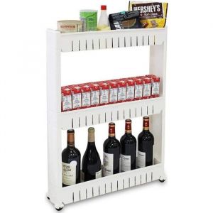 QIAN - Chariot Mince 3 Niveaux Meuble de Rangement &agrave; roulettes &Eacute;tag&egrave;re de Niche pour Cuisine Salle de Bain Buanderie - Blanc