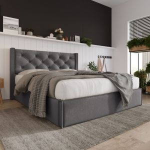 KoDise Lit capitonné Lit double Lit coffre 160x200 cm - avec sommier à lattes métalliques et rangements - coton - gris(sans