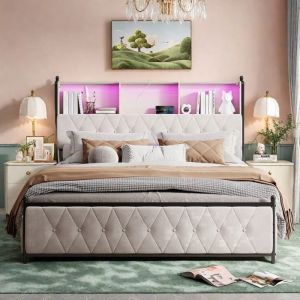 Lit double rembourr&eacute; 180x200 lit double avec t&ecirc;te de lit rangement，LED et USB cadre de lit avec 4 tiroirs lit avec sommier beige