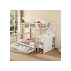 OKWISH Lit superposé enfant 90x200+140x200cm - Lit 2/3 places avec 2 Tiroir - Escalier de rangement - 2 Sommiers - Blanc+naturel