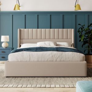 160x200 cm lit coffre lit tapiss&eacute; lit double hydraulique sommier &agrave; lattes bois lit avec sommier &agrave; lattes m&eacute;tal lin beige