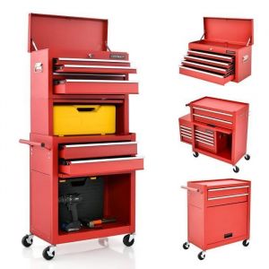 COSTWAY Servante d'Atelier Vide Caisse à Outils-avec 6 Tiroirs 2 en 1-Etagère Réglable-Doublure EVA-4 Roues Universelles Rouge