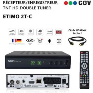 R&eacute;cepteur Enregistreur D&eacute;codeur TNT HD Double Tuner CGV Etimo 2T-c + C&acirc;ble HDMI 4K - Cha&icirc;nes de la TNT Fran&ccedil;aise & Allemande