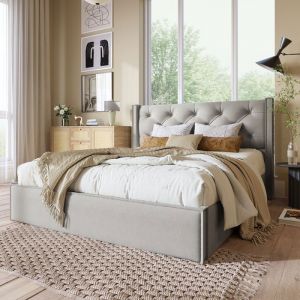 Lit coffre lit adulte 140x200 cm Cadre métallique à lattes cadre de lit moderne Lit de rangement Lit double gris clair