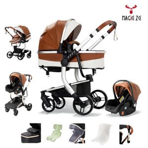MagicZC Poussettes trio bebeAvec nacelleMatière PUPliage automatiquede luxe cosy3 en 1Dossier réglablekaki