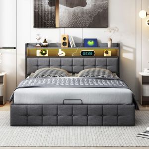 Lit double coffre 140x190 cm avec USB et Type CLUMINARIX Lit 140x190 cm avec LED Lit capitonn&eacute; avec sommier &agrave; lattes LinGris