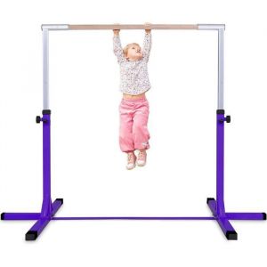GYMAX Barre Gymnastique pour Enfant avec 12 Niveaux Hauteur (91 cm-150 cm) Barre Fixe de Gymnastique en Bois & Structure en Acier