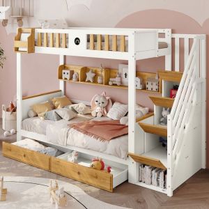 OKWISH Lit superposé enfant 90x200cm lit 2 places avec escalier de rangement 2 tiroirs et étagère ouverte - Blanc+naturel